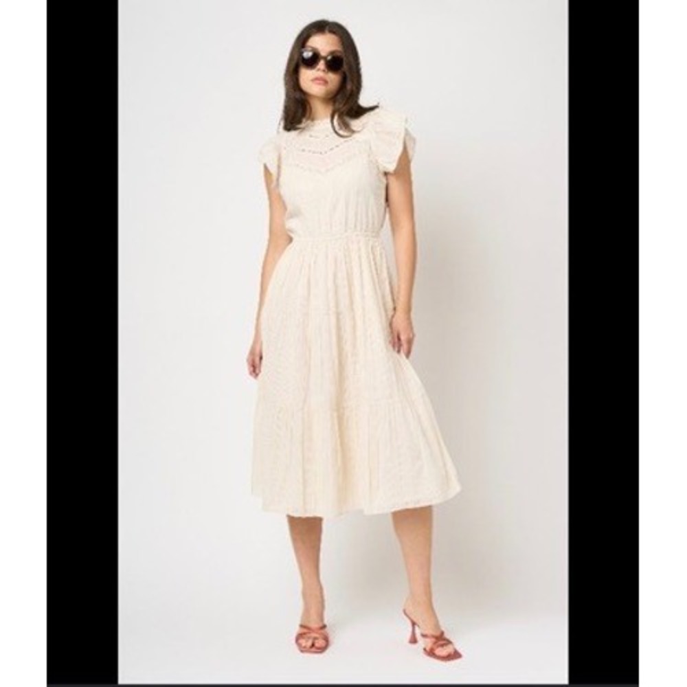 Joie Ivory Cotton Lace Trim Ruffle Midi Dress Elastic Waist Pockets Womens XL